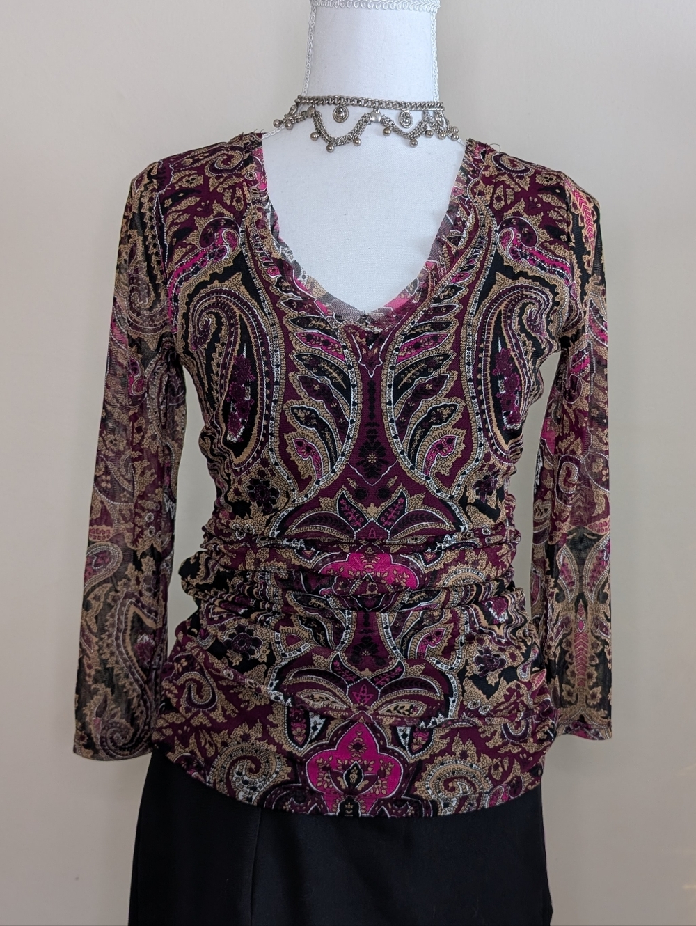 INC International Concepts Purple Paisley V-Neck Long Sleeve Top